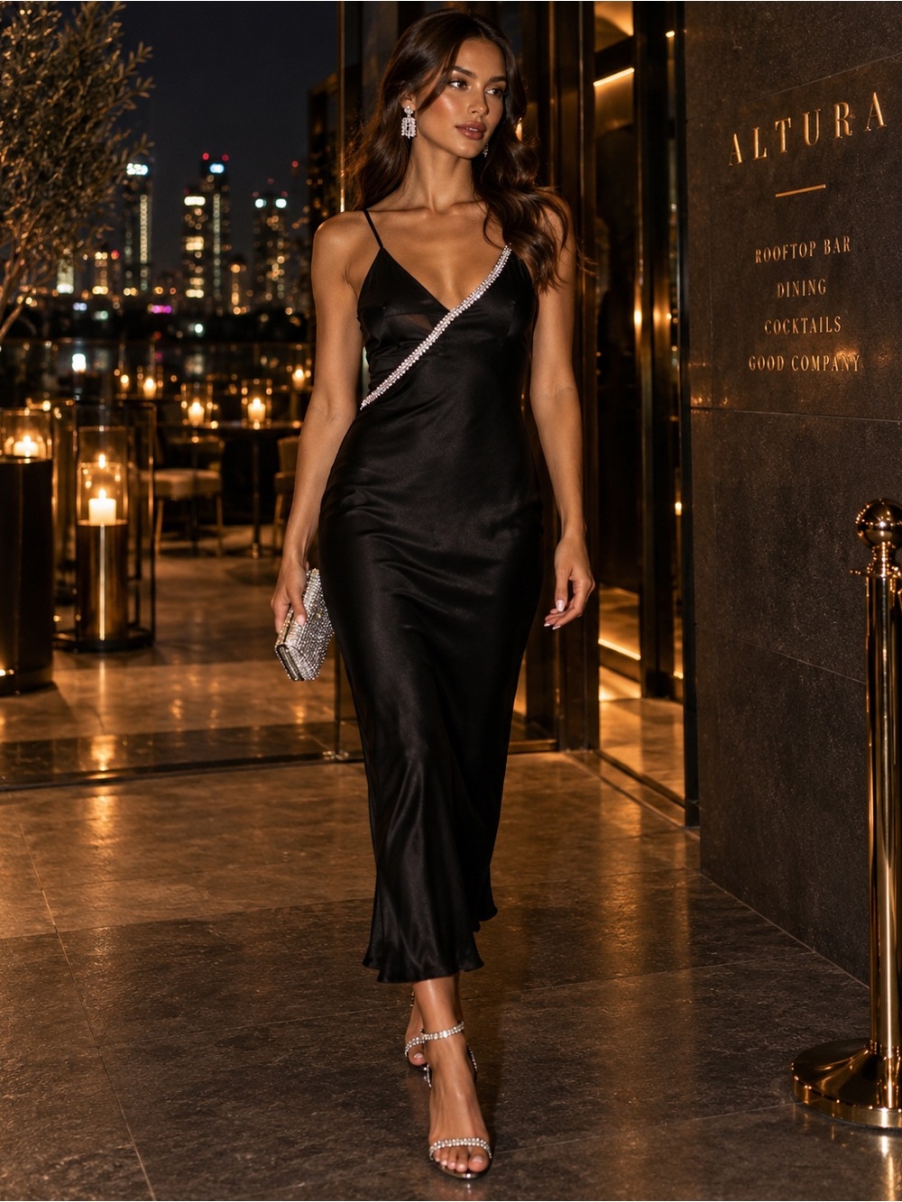 New BLACK SATIN EFFECT RHINESTONE MIDI DRESS V Neck With Mesh